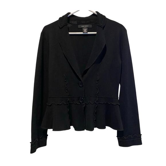 Nine West Sweater Blazer Medium Black Wool Blend Knit Ruffle Academia Y2K - Picture 2 of 7
